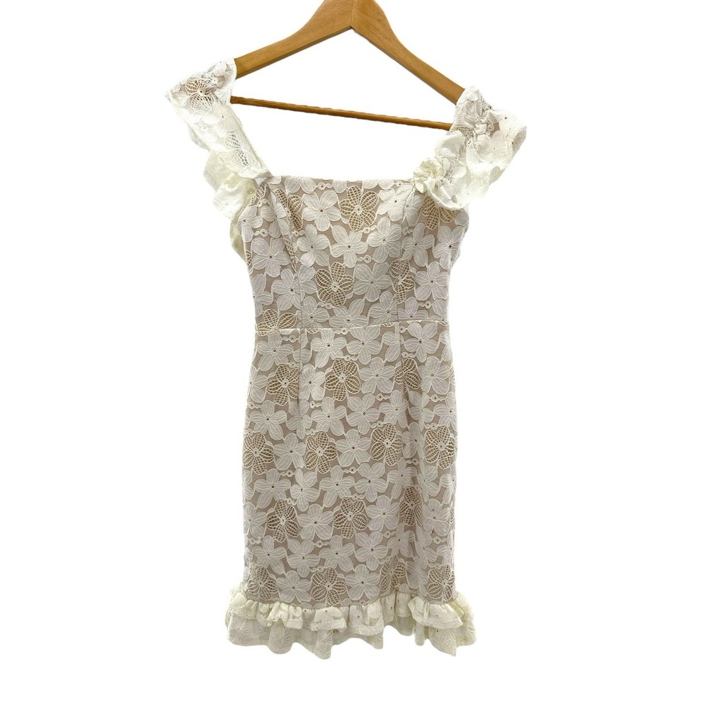 Here Comes The Sun White Floral Lace Ruffle Mini Dress Off Shoulder Boho Bridal